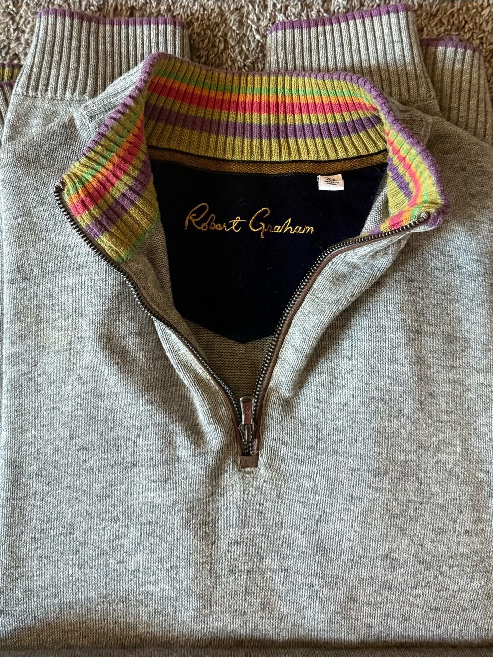 Robert Graham Gray Quarter-Zip Sweater with Multicolor Striped Collar Size XL